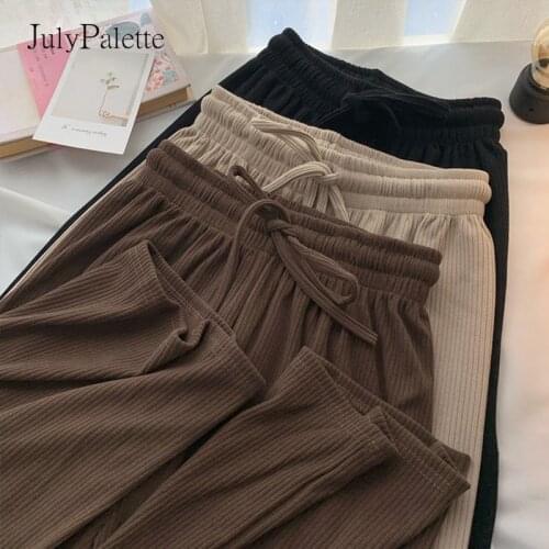 JulyPalette Women Wide-leg Pants 2021 Autumn Winter Elastic High Waist Lace-up Straight Trousers Solid Casual Female Loose Pants