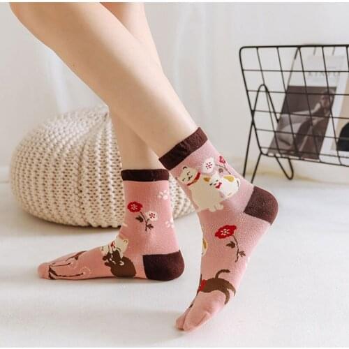 Womens Sandal Socks Tabi Socks Split Toe Flip Flop Kimono Cotton Cartoon Animal Middle Tube Two-Toed