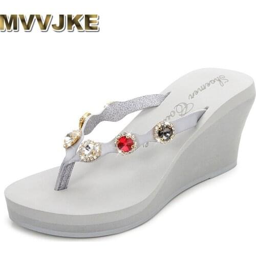 MVVJKESummer shoes woman platform sandals women casual soft leather wedge thongs crystal women flat shoes women slippers