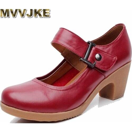 MVVJKE 2018 Spring Autumn Shoes Woman 100% Genuine Leather Women Pumps Lady Leather Round Toe Platform Shallow Mouth Shoes E170