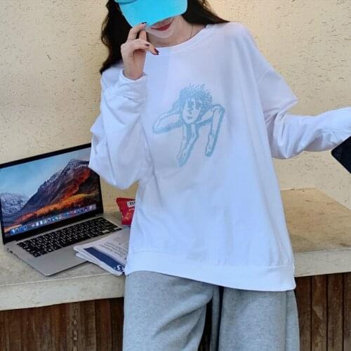 Ins Ulzzang Harajuku Spring Autumn Loose Sweatshirt Women Cartoon Tops Korean O-neck Pullovers Plus Size Hollow Out New