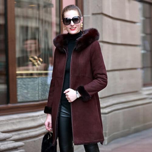 Real Faced Double Fur Coat Female Real Leather Jacket 2020 Winter Coat Women Fox Fur Collar Natural Wool Coats MY4257 s