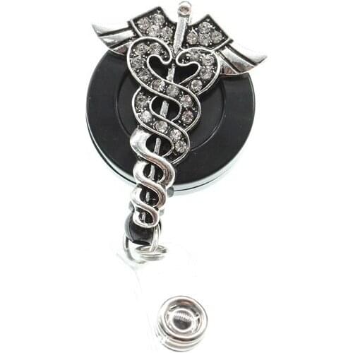 10PCS/Lot Rhinestone Silver Plated Sceptre Nurse Brooch Retractable ID Badge Reel Holder