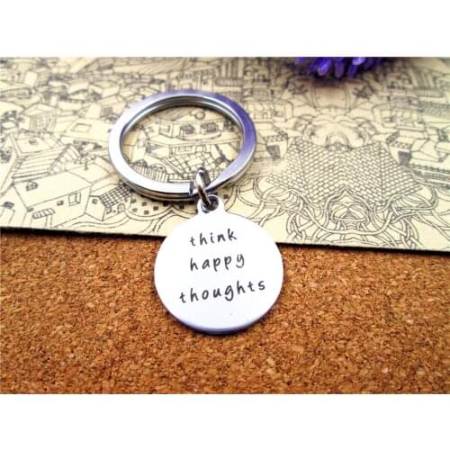 3pcs/lot 28mm stainless steel keyring with 20mm stainless steel circle round "think happy thoughts" charms keyring