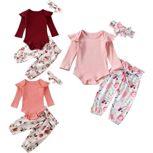 Toddler Girl Clothes 3PCS Newborn Kids Baby Girl Clothes Knitted Tops Bodysuit+ Floral Print Long Pants+Headband Outfits Set