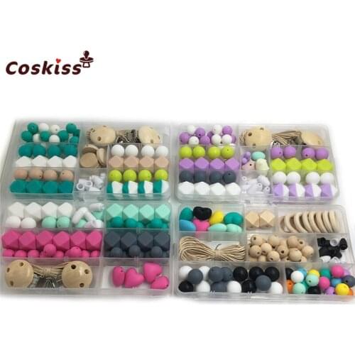 4pcs DIY Baby Teether Accessories Geometry Hexagonal Round Silicone Beads Wooden Beads And Ring Pacifier Clips For Baby Bracelet