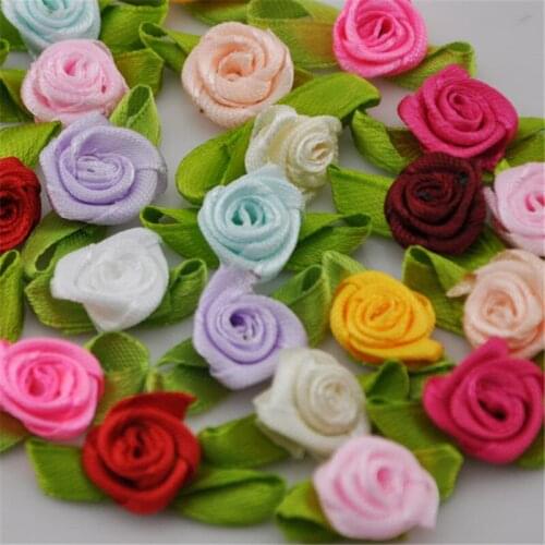 50pcs Satin Ribbon Rose w/ Leaf Appliques Wine Free Shipping Mix Color U Pick A063