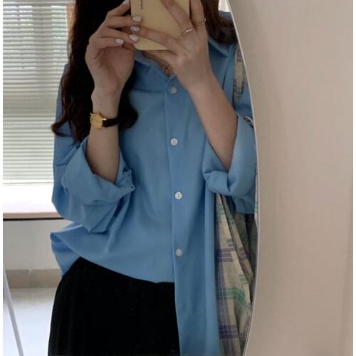 2021 Spring Loose Style Women Streetwear Blouse Long Sleeve Design Womens Clothing Blusas Femininas Blue Orange Drop-shoulder