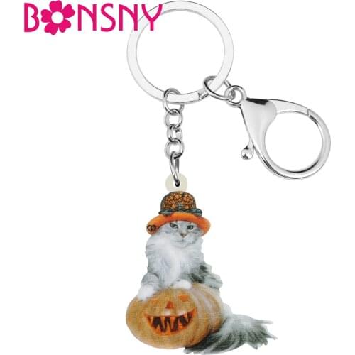 Bonsny Acrylic Halloween Cute Cat Keychains Long Kitten Pumpkin Lantern Keyring Jewelry For Women Kids Festival Gift Accessory