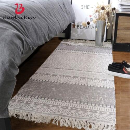 Bubble Kiss Cotton Linen Carpet Retro Cotton Tassel Rug Nordic Style Bedroom Floor Mat Home Long Rugs Soft Anti Slip Area Rugs