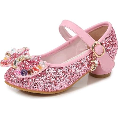 Kids Party Shoes Girls Fashion Shoes 2021 New Spring Children Princess Crystal Shoes Baby High Heels Shoes Sweet Hot Bow-knot