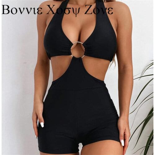 Halter Color Block Splicing O-ring Cut-out Halter Sleeveless One-Piece Bikini Sets
