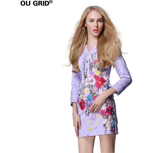 Women Autumn Flower Embroidery Formal Party Dress 2018 Long Sleeve V-neck Elegant Slim Purple Short Dresses Plus Size