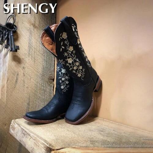 New Fashion Women Boots Floral Embroidered Western Boots Warm Cowgirl Ankle Boots Women Knee High Riding Vintage Outdoor Boots