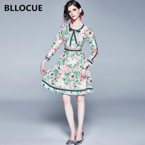 BLLOCUE 2020 Autumn Elegant Runway Long Sleeve Dress Womens Belted Bow Collar Multicolor Floral Print Vintage Slim Dress