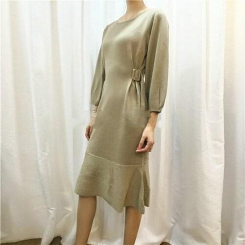Dress Women Sale 2018 And Winter New Round Neck Pullover Waist Long Cashmere Knit Dress Nine-point Sleeve Solid Color Female