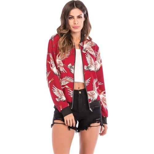 Drop Shipping Coat Womens New Style Flying Crane Print Baseball Suit Zipper Cardigan Jacket S-2XL