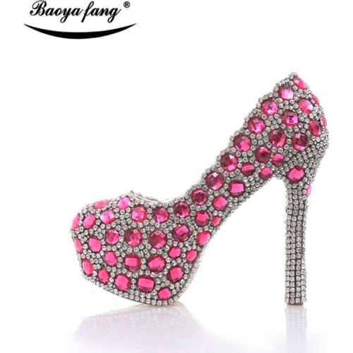 Luxury crystal Wedding shoes Women 2017 fashion shoes ladies high heel party shoes big size woman real leather Pumps Fucshia
