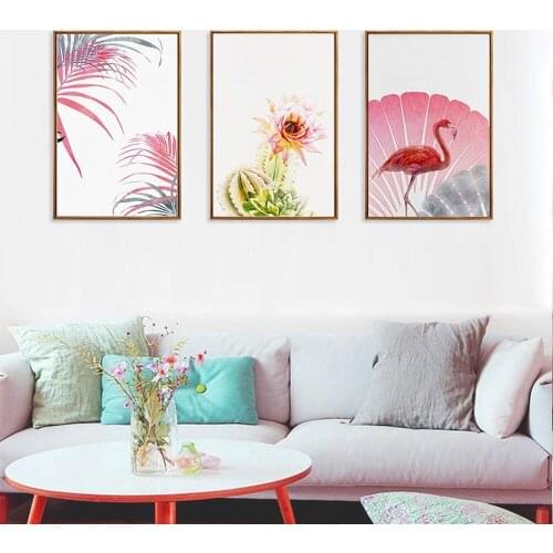 Nordic Simple Triple Fresh Plant Canvas Painting Pink Flower African Bird Wall Art Picture Living Room Entrance Home Decor