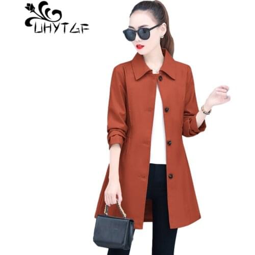UHYTGF 4XL Plus Size Trench Coat Womens Long-Sleeved Casual Spring Autumn Windbreaker Female Solid Elegant Ladies Thin Tops 1368