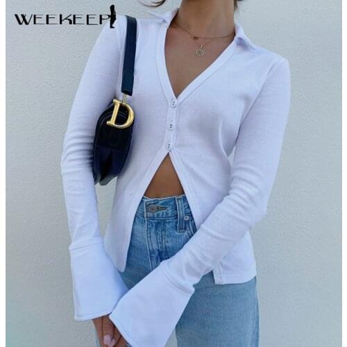 Weekeep White Ribbed T-Shirts Women Flared Long Sleeve V Neck Button Up Cardigan Summer Harajuku Casual Solid Outfits Basic Sexy