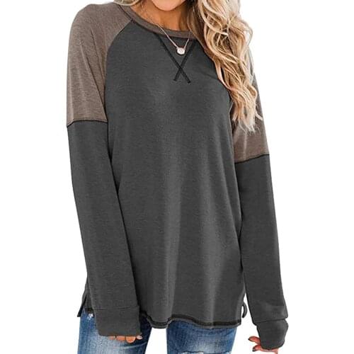 Women Fashion Long Sleeve Round Neck Casual Splicing Loose Cotton shirt Blouse Women Round Neck Splicing Loose Cotton shirt