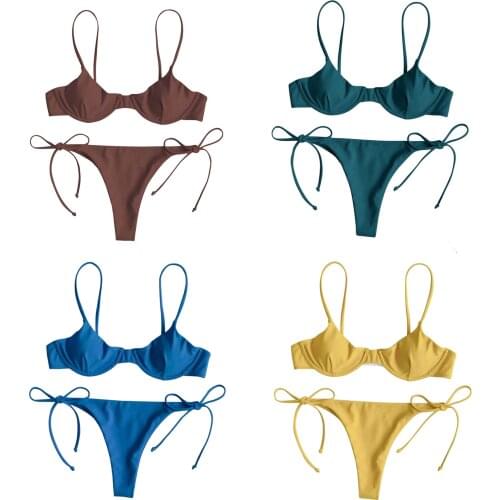 Women Split Swimsuit Sets Solid Color/Printed V-neck Bikini + Lace Up Panties 2 Piece Bikini Sets Summer Beachweaar 2021