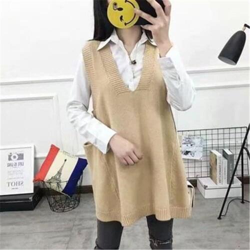 2021 Plus Size 4XL Womens Sweater Vest Women V-neck Knitted Solid Simple All-match Loose Leisure Trendy Pocket Classic Jumper