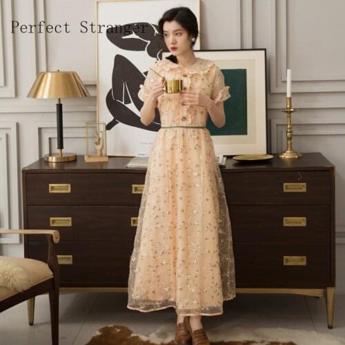 2020 Summer New Arrival High Quality Retro Peter Pan Collar Flower Embroidery Women Long Gauze Dress