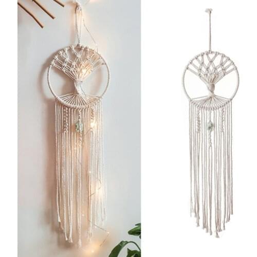 1Pc Nordic Handmade Woven Macrame Round Dream Catcher with Green Stone Bohemian Mandala Tassels Wall Hanging Tapestry Home
