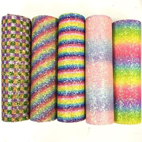 Shiny Multicolored Rainbow Colorful Chunky Glitter Faux Leather Fabric Sheet for Making Shoe/Bag/Hair Bow/DIY Accessories