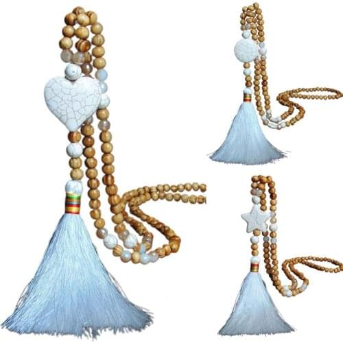 Bohemian Wooden Beads Tassel Necklaces White Turquoise String Beads Long Necklace Handmade Women Girls Lady Sweater Chain Boho
