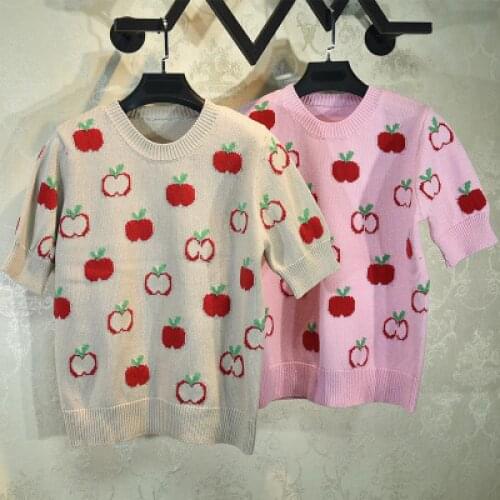 Brand Hand Embroidery Apple Jacquard Knit Short-sleeved Sweater Slim Round Neck Pink Pullover 2020 New Summer Women Clothes