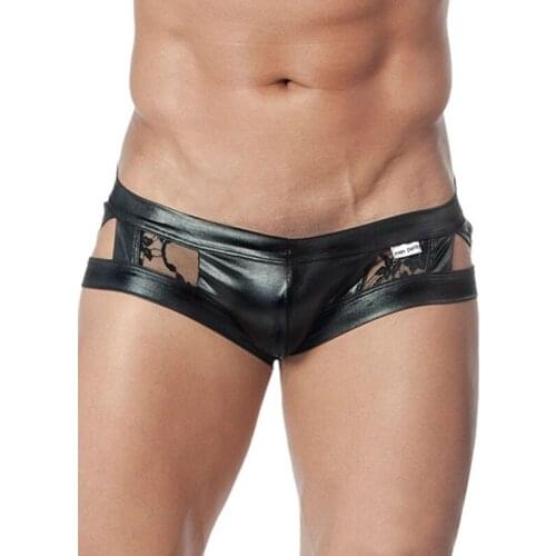 Black Embroidery Mens Sexy Underwear Faux Leather Panty for Men Low Waist High Quality Mesh Mens Erotic Boxer MPW052