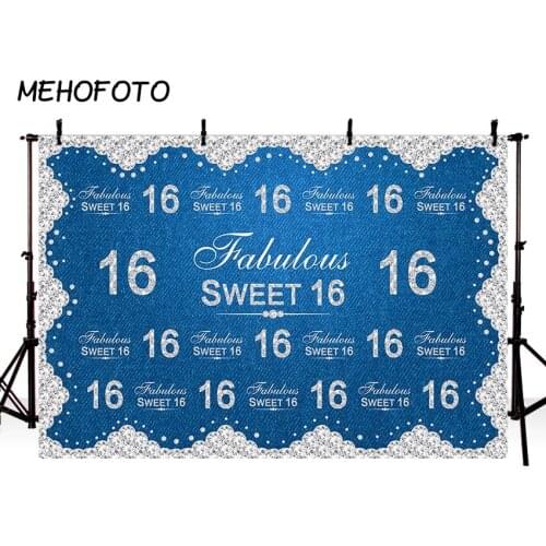 MEHOFOTO Birthday Backdrop for Sweet 16th Photography Blue Denim Diamond Party Banner Decoration Background for Photo Studio