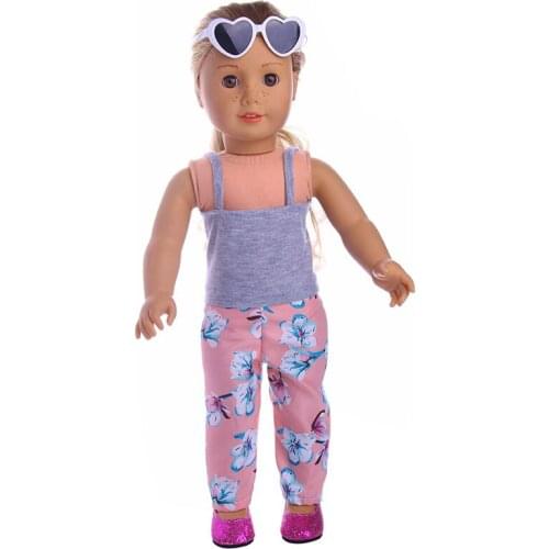 Sling T-shirt + Flowers Casual Pants + Glasses For 18 Inch American&43Cm Baby New Born Doll Our Generation , For Baby Gift