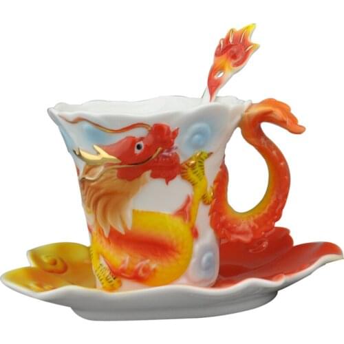 Enamel Dragon Phoenix Coffee Mugs Gift Packing Creative Porcelain Lover Drinkware Mugs Tea Set Ceramic Gifts Cups And Saucers