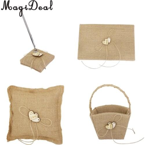 MagiDeal Burlap Hessian Ring Pillow Cushion Guest Book Pen Stand Heart Flower Basket Wedding Set Wedding Party Decorations