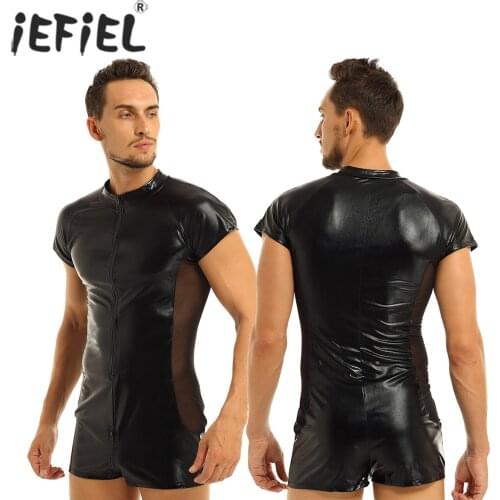 Fashion Mens Sexy Body Suit Patent Leather Front Zipper One-piece Mesh See-through Side Leotard Bodysuits for Evening Party