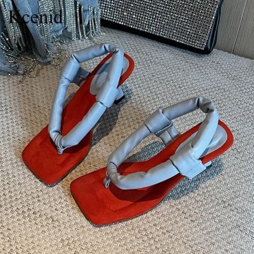 Kcenid 2021 New Summer Sandals Women Sexy Heel Square Toe Thong Sandals Woman Fashion High Quality PU Med Heels Ladies Shoes