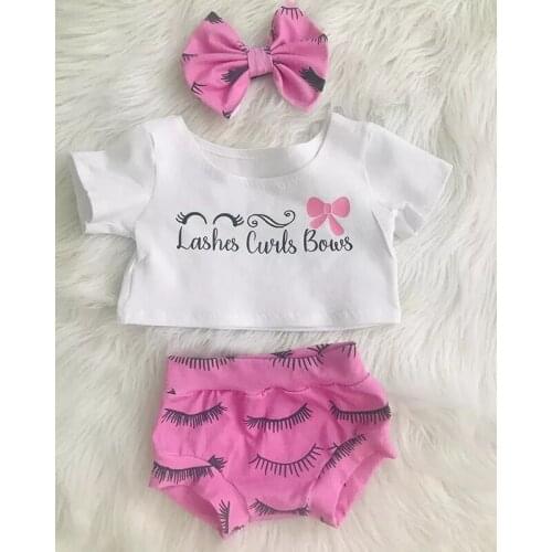 Newborn Toddler Baby Girls Clothes Sets White Short Sleeve Print T Shirts Tops+Pink Shorts Trousers Headband