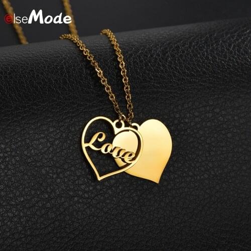 ELSEMODE Custom Double Heart Name Necklace Personalized Stainless Steel Name Choker Necklace Women Birthday Wedding Party Gift