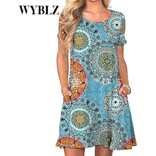 WYBLZ Summer Women Dress Sexy Casual Boho Short Sleeve Mini Dress Elegant Floral Print Knee-Length Dress For Women Lady Dresses