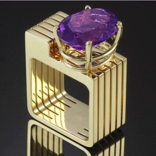 Popular Light Yellow Gold Color Geometric Shape Amethysts Crystal Finger Ring for Party Gift Jewelry