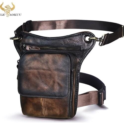 Natural Real Leather Men Design Casual Messenger Sling Bag Multi-function Vintage Coffe Fanny Waist Belt Pack Leg Drop Bag 211-1