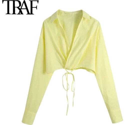 TRAF Women Fashion Adjustable Hem Cropped Crossover Blouses Vintage V Neck Long Sleeve Female Shirts Blusas Chic Tops