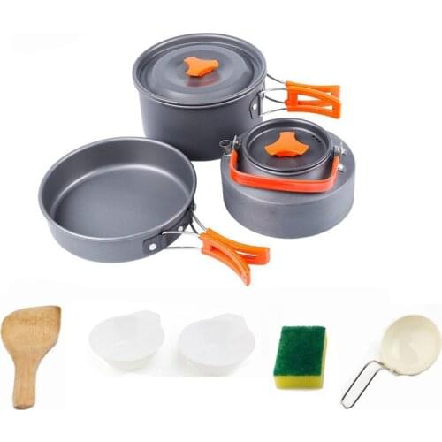Outdoor Camping Cookware Backpacking Gear Folding Cookset Utensils Non-Stick Pan Pots Bowls Kettle Cooking Equipment Mesh Bag