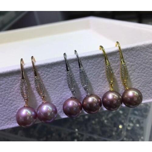 S925 Gorgeous 10mm round real pearl purple nucleated kasumi pearls dangle earring sterling silver