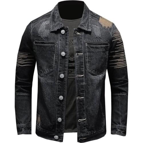Japanese and Korean embroidered denim jacket men black motorcycle rider denim jacket men casual jacket