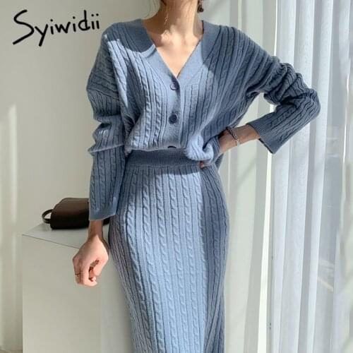Syiwidii Knit Criss-Cross 2 Piece Set Womens Fall Winter 2021 Office Lady Outfits V Neck Tops Elastic Band High Waist Midi Skirt